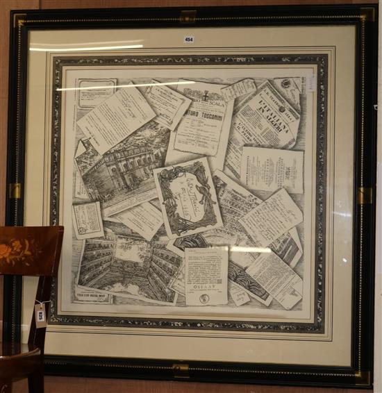 A Fornasetti black and white silk scarf, dated 1988, framed 74 x 76cm
